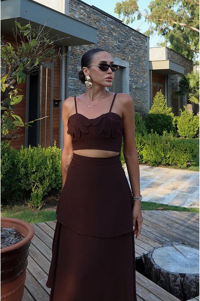 Havoş Brown Floral Detailed Crop Skirt Linen Suit