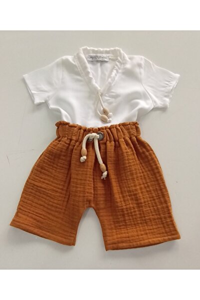 moms and babies Children's Muslin Shorts T-Shirt Shorts Set Green - Orange - Cinnamon Colors 0-6 Years