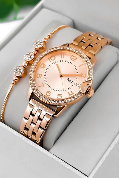 Ferrucci Stone Detailed Case, Steel Cord Steel Case Women's Wrist Watch, Rose Zmfer200