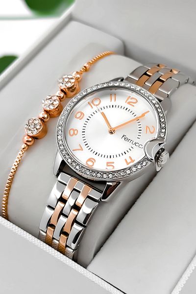 Ferrucci Stone Detailed Case, Steel Cord Steel Case Women's Wrist Watch, Silver-Rose Zmfer200