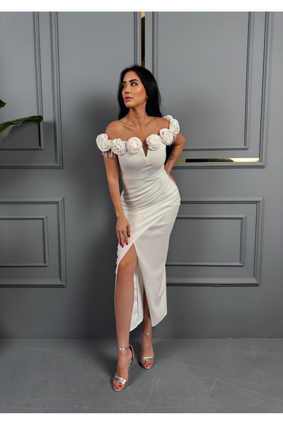 1Moda1Tarz Imported Fabric Madonna Collar Stone Embroidered Rose Detailed Lined Special Design Evening Dress