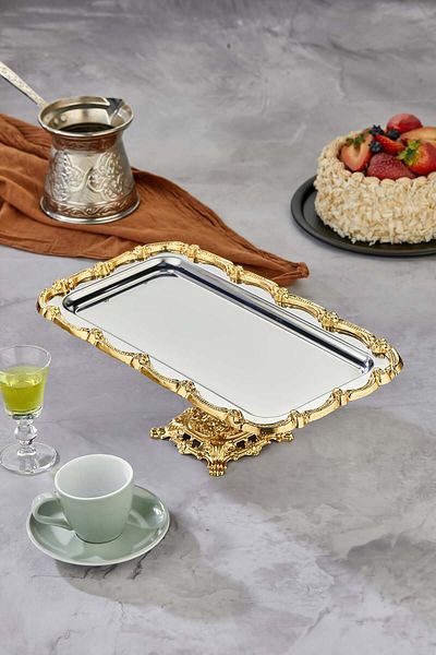 Turkco Baton Series Footed Promise Engagement Presentation Tray, Silver Tray Gold Accessory