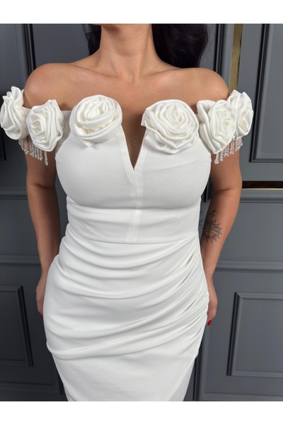 1Moda1Tarz Imported Fabric Madonna Collar Stone Embroidered Rose Detailed Lined Special Design Evening Dress