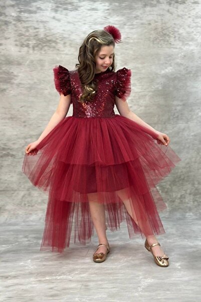 ABİYEKİDS Hayal Model Payetli Tokalı Bordo Tarz Çocuk Abiye Kids Aby745