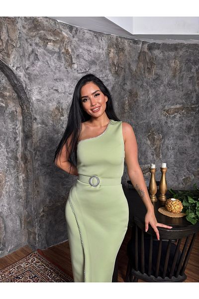 1Moda1Tarz Imported Scuba Crepe Fabric Pearl Stone Embroidered Belt Detail Slit Lined Special Design Evening Dress