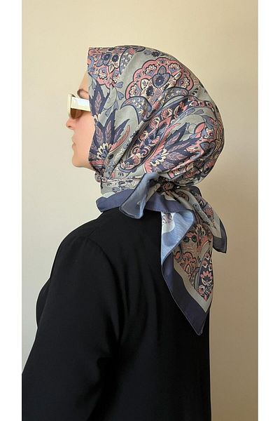 ESSLERA Floral Patterned Navy Blue Soft Scarf