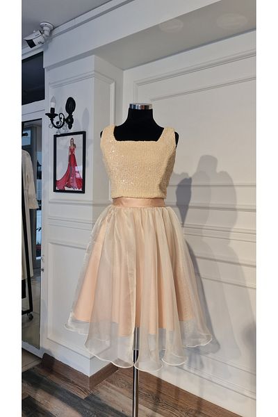 makbuleofficial Beige Color, Gathered Organza Fabric Mini Skirt Crop Suit