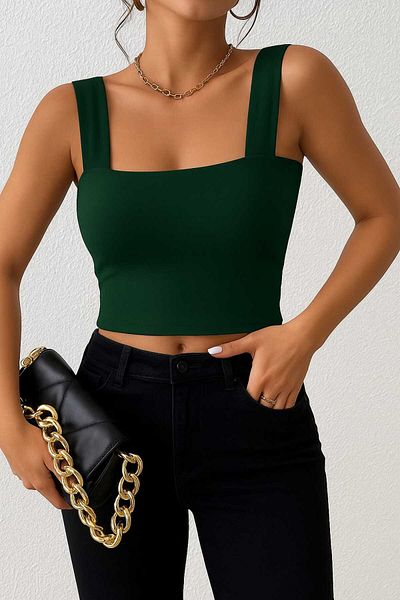 Olyssia Γυναικείο 2-pack Mink & Dark Green Square Collar Strap Fit Crop Top – Κομψή και άνετη καθημερινή μπλούζα
