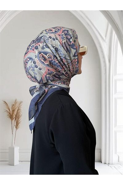 ESSLERA Floral Patterned Navy Blue Soft Scarf