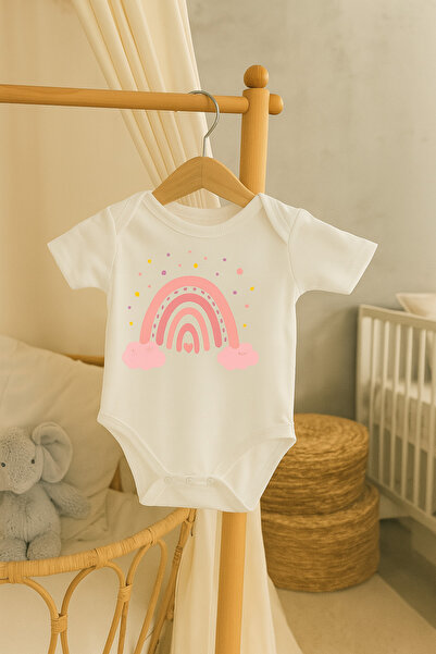 Moda Lime Baby Bodysuit - Pink Rainbow and Cloud Patterned Organic Cotton Jum...