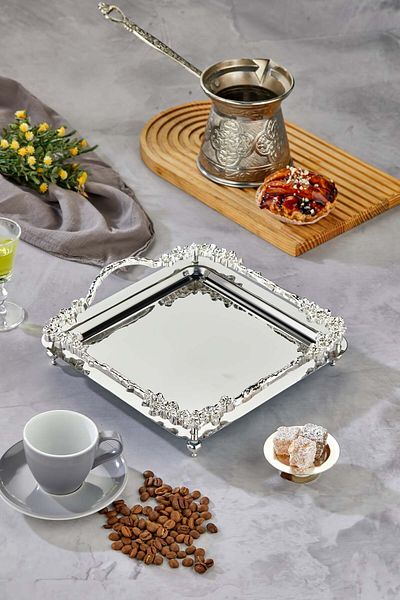 Milenay Rosa Series Metal Presentation Promise Engagement Tray, Silver Tray Silver Accessory