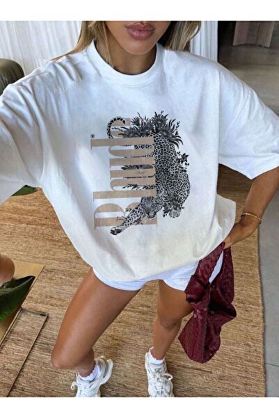 Framgan Unısex Erkek/Kadın LEOPAR Özel Baskılı Oversize Pamuklu Bisiklet Yaka...