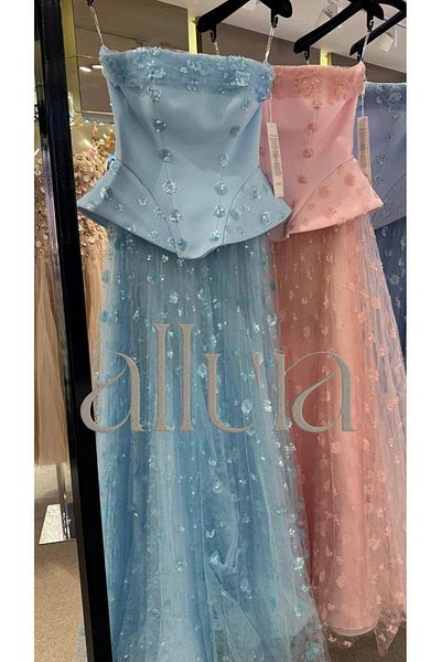 ALFABETA Alpha Beta Strapless Embroidered Tulle Long Evening Dress