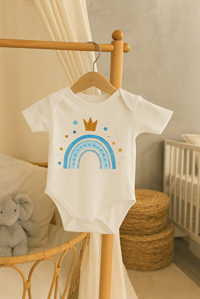 Moda Lime Baby Bodysuit - Organic Cotton Romper with Blue Rainbow and Crown P...