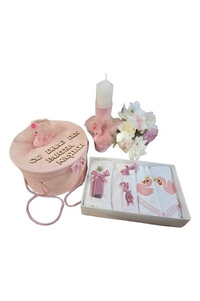 OEM Set elegant pentru botez cu cutie și lumânare, design din dantelă roz