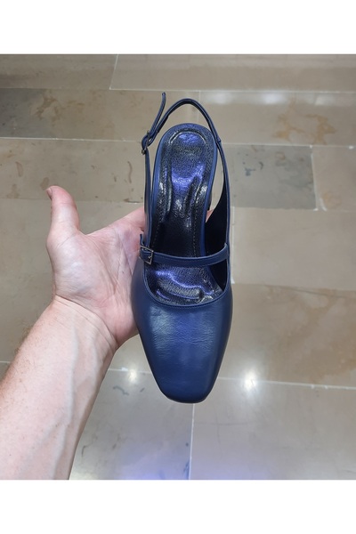 MİSS PARK MODA Жіночі туфлі з товстим носком, товстим каблуком, широкою колодкою, чорно-синього кольору, з відкритою задньою частиною