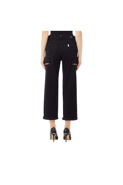 Liu Jo Women's Straight Fit Side Stone Patterned Straight and Short Leg Black Pants Uf5197D0281-87375