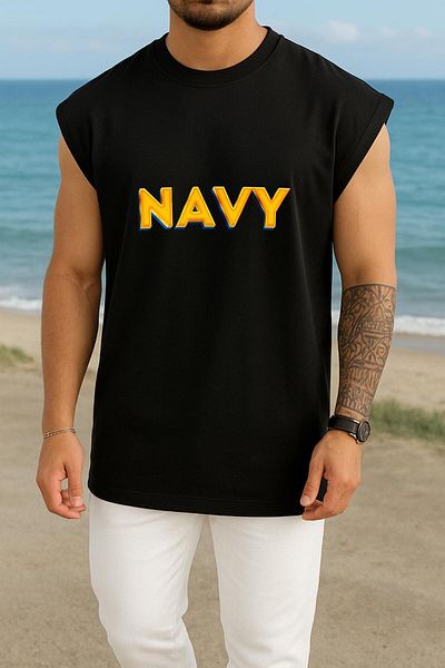Bahriyeli Collection Oversize Navy Lettering Yellow Chest Design Undershirt
