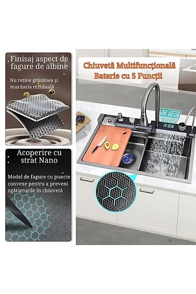 EMATTERIO Chiuvetă Multifuncțională Negru 750x460 mm, 2 Cascade, Robinet Digital, Ploaie și Fanta