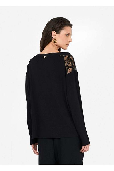 Liu Jo Women's Comfortable Fit Shoulders Tulle Patterned Stretchy Fabric Long Sleeve Black Blouse Tf5186Js360-A3370