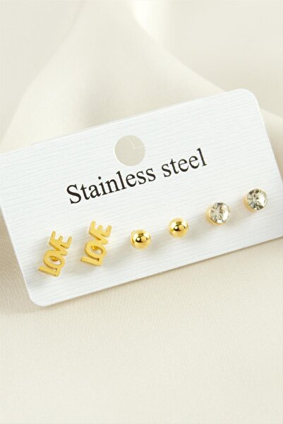 ZERO LAND 6 Pieces Love Written Stone Steel Earrings