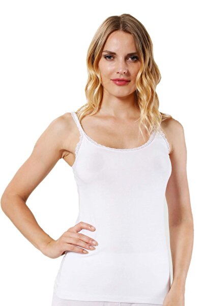 BENALİ Women's Modal Cotton Thin Strap Lace Tank Top White |   24675