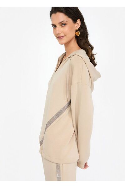 Liu Jo Kadın Normal Kalıp Kapüşonlu V Yaka Logo Şeritli Uzun Kollu Bej Sweatshirt TF5091J4616-60906