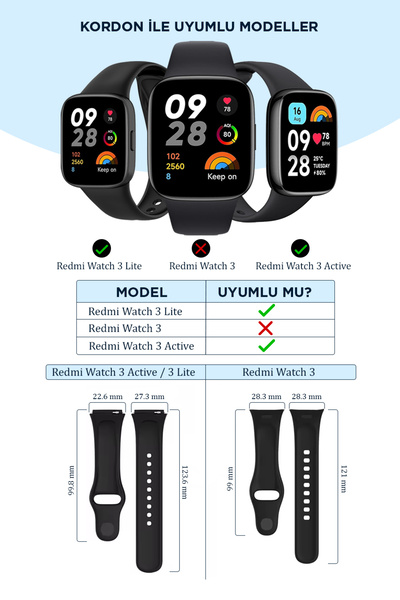 İncisoft Redmi Watch 3 Active Uyumlu 3 Adet Kordon Set Spor Şık Tasarım Yumuşak Silikon Kayış