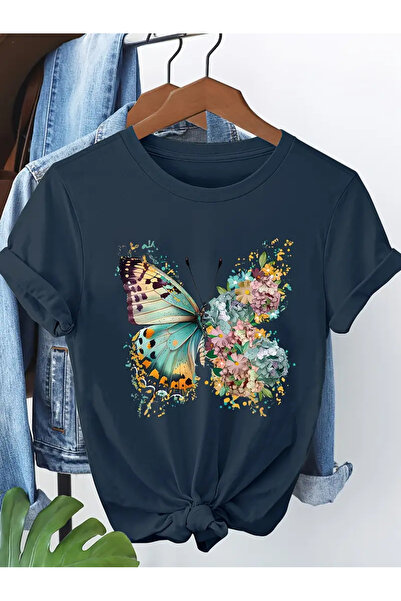 l'eivor Tricou din bumbac pentru femei cu imprimeu fluturi și flori colorate