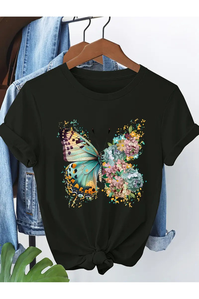 l'eivor Tricou din bumbac pentru femei cu imprimeu fluturi și flori colorate