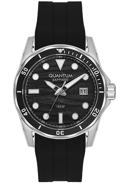 Quantum ADG1229.351 علبة فولاذية مقاومة للماء بقدرة 10 ATM مع زجاج ياقوتي مضاد للخدش وسلك سيليكون أسود