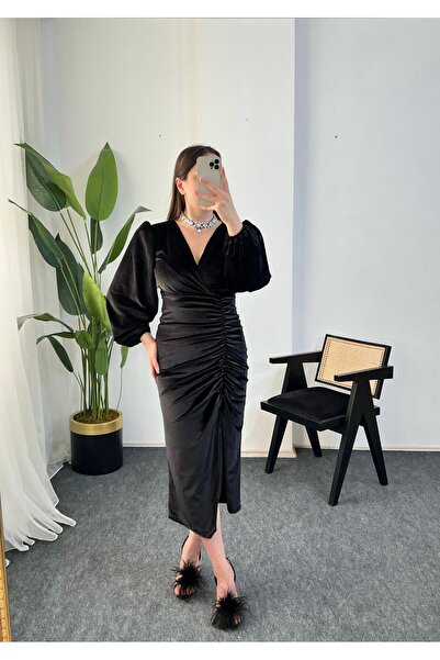 FEVRİER MODE Önü büzgülü drapeli yırtmaçlı elbise