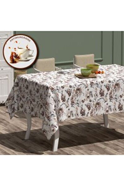 Ralex Antistain Tablecloth 100% Cotton 160 x 320 cm, Floral Motifs Brown