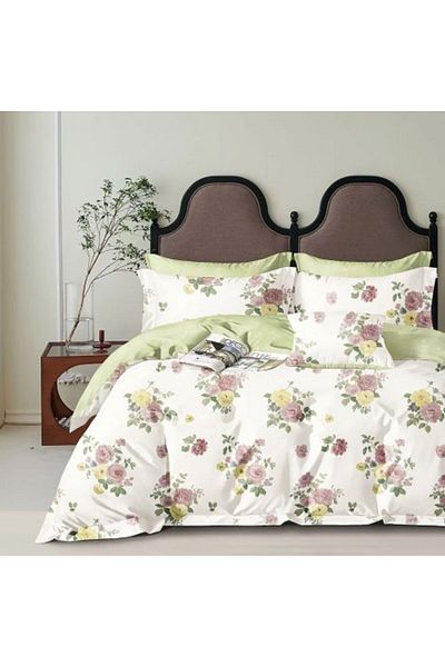 Ralex Set de lenjerie de pat dublu extra mare, percale imprimat din bumbac, 6 piese, flori galbene/verzi