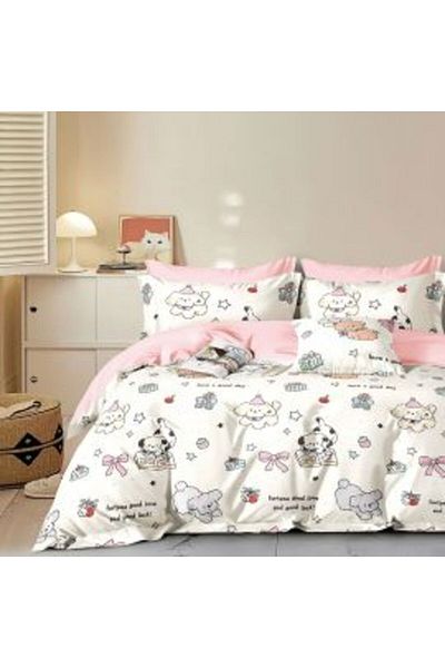 Ralex Double Bed Linen Set with 6 Pieces, 100% Cotton Percale, Animal Print White / Pink, Pucioasa