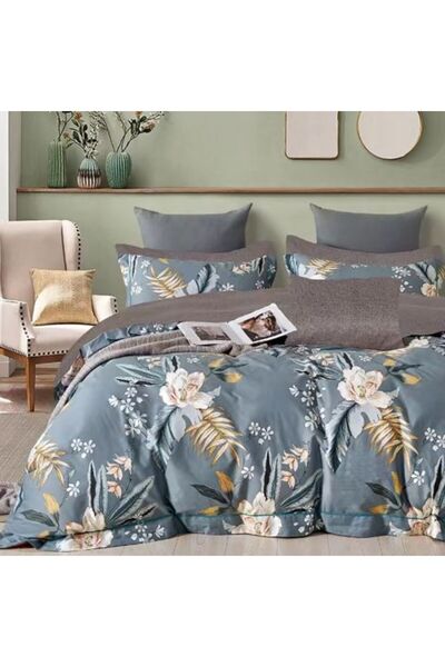 Ralex Double Bed Linen Set 6 Pieces Percale Cotton, Beige/Blue, Pucioasa