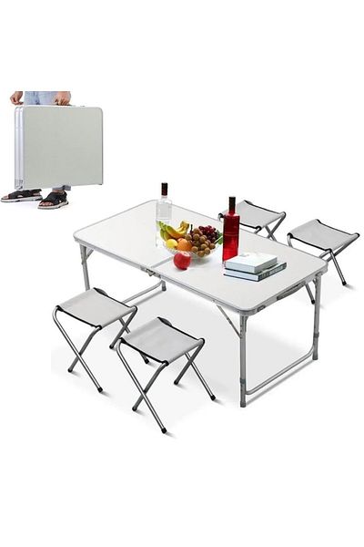 PROCART Set masă de camping cu 4 scaune, înălțime reglabilă, picioare antiderapante, aluminiu, argintiu