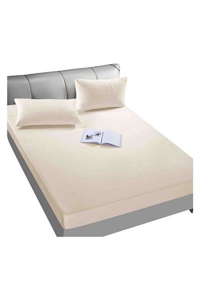 OEM Husa de pat Catifea cu Elastic 180x200x25 cm si 2 Fete de Perna 50x70 cm, MS STAR, Pat Dublu, Crem