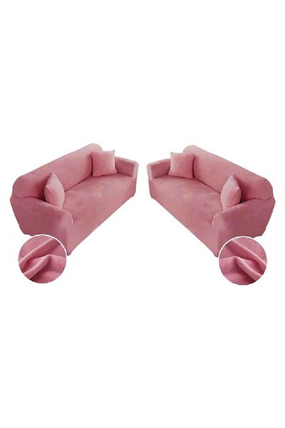OEM Set 2 Huse cu elastica pentru canapea din Catifea, Uni, 180x230cm L-3 locuri, Roz Pudra
