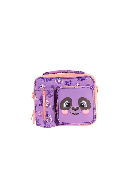 KAUKKO Girl's Purple Somon Panda Patterned Thermal Insulated Three Compartments (Water Bottle Pocket) School Lunch Bag L7233