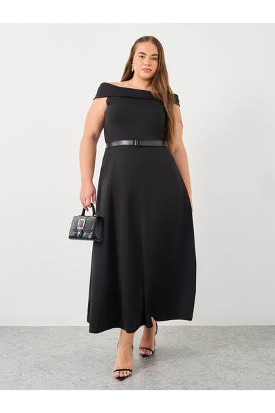 Styli Plus Pink Off Shoulder Maxi Dress with Belt