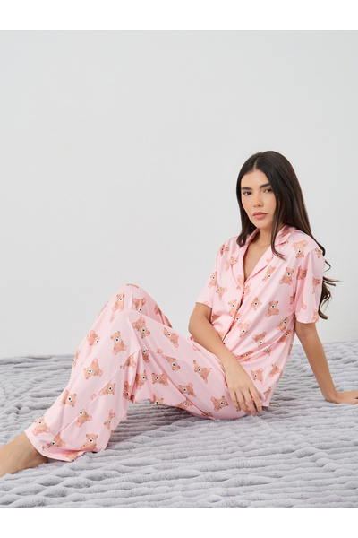 Styli Bear Print Short Sleeve Shirt and Pyjama Set