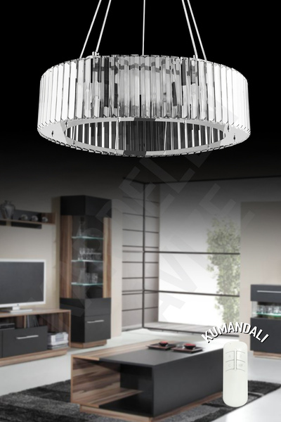 Kraliçe Yuvarlak Zambak Krom 5 Li 56 cm Kumandalı Lüx Modern Taşlı avize