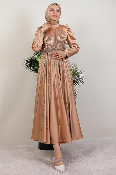 GİYZAMİLA Sun Hijab Evening Dress Sütlükkahve