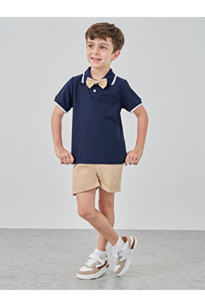 Styli Solid Short Sleeve Bow Detail Polo and Shorts Set