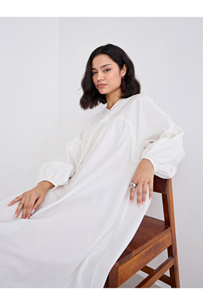 Styli White Cotton Poplin Midi Dress with Volume Sleeves