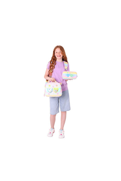 KAUKKO Kids Simli Kalp ve Çiçek Detaylı Kız Çocuk Dört Bölmeli Okul Çantası - L5213