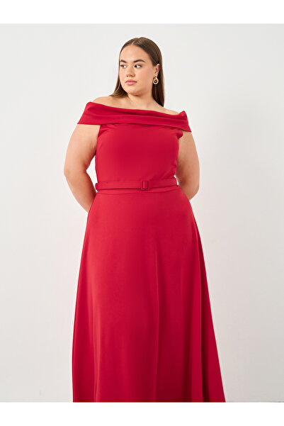Styli Plus Red Off Shoulder Maxi Dress with Belt
