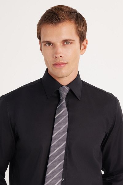 Tudors Men's Regular Fit White Non-Iron 100% Cotton Eco-Friendly Ecotex Certificated No Ironing Required Black Shirt