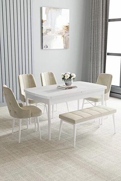 asaella mobilya Loft Beyaz 80x132 Açılabilir Mdf Masa Yemek Odası Takımı, Mut...